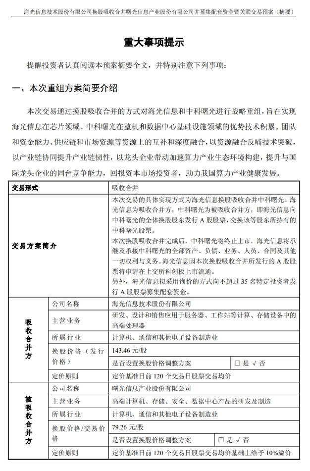 千亿重组预案出炉，海光信息、(🤶)中科曙光，明日复牌